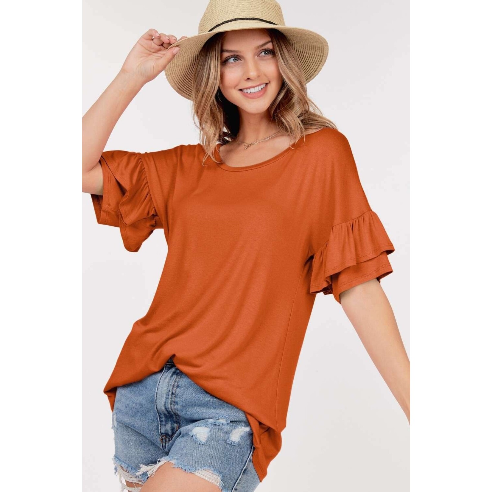 Shop Basic USA Knit Top With Short Ruffle Sleeves and Round Neck