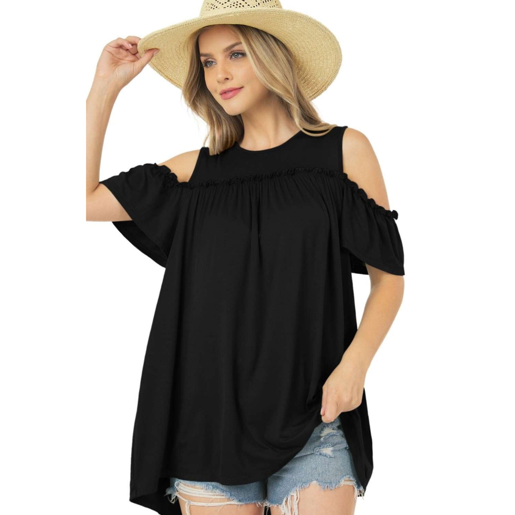 Shop Basic USA Basic Tunic Cold Shoulder Top with Shirring around