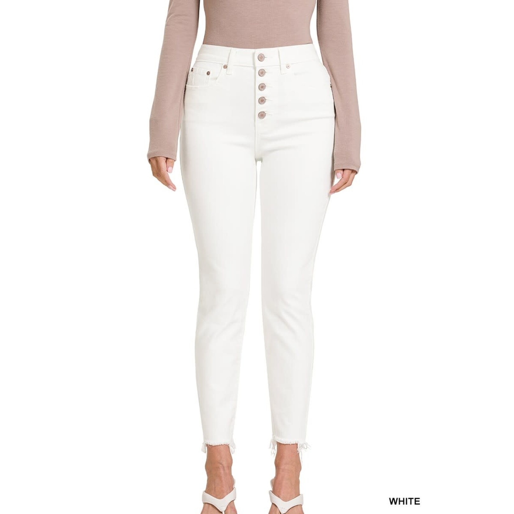 Zenana White Button Fly Raw Hem Skinny Denim Jeans