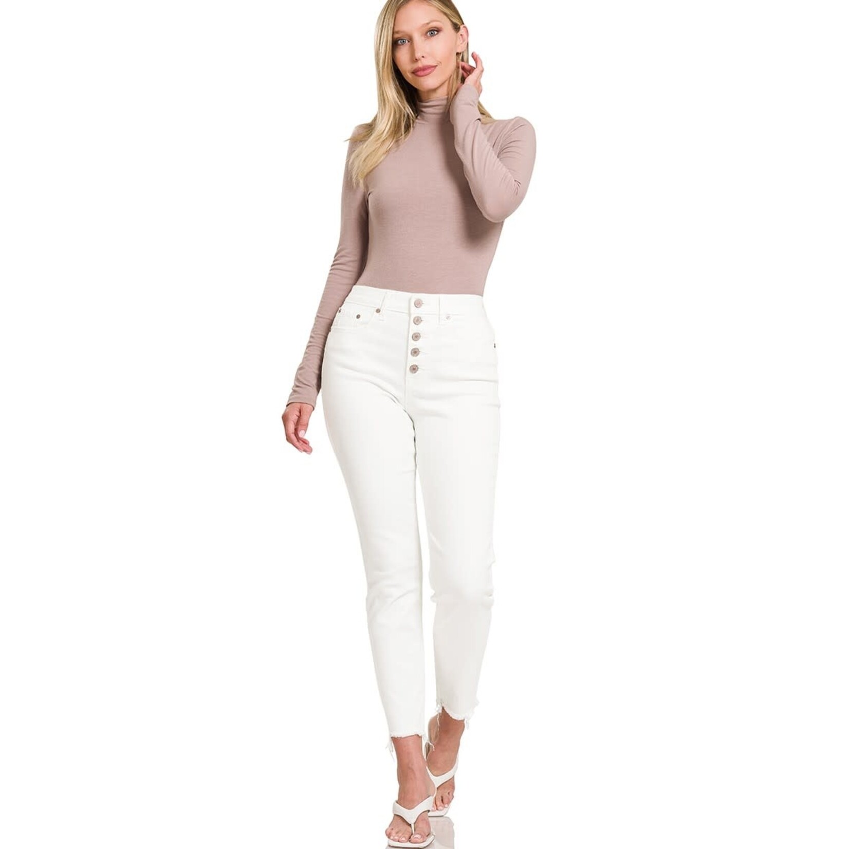 Zenana White Button Fly Raw Hem Skinny Denim Jeans