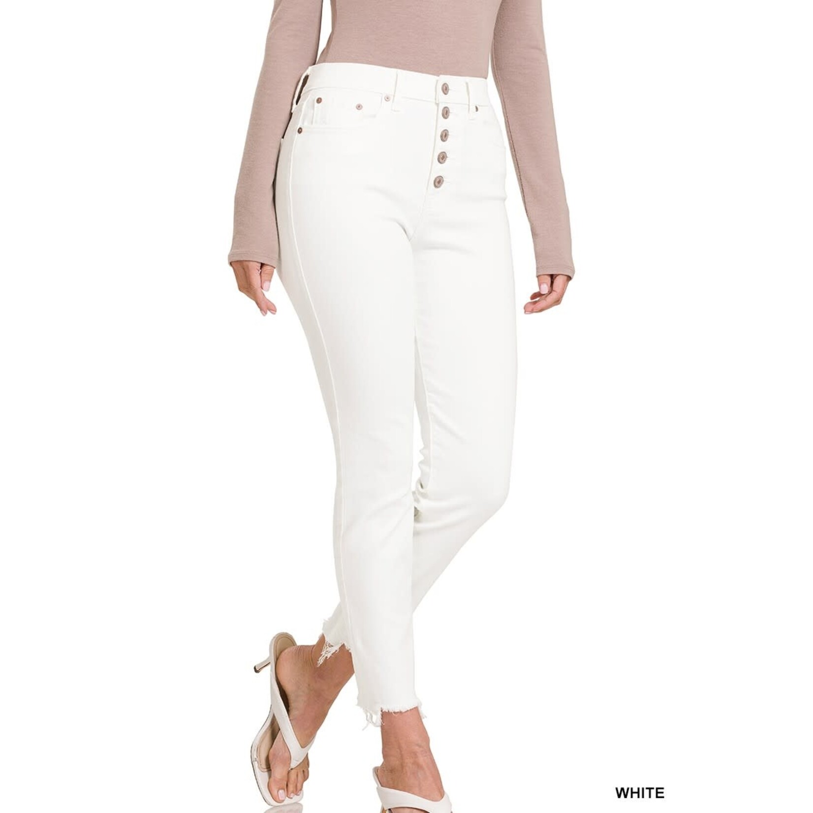 Zenana White Button Fly Raw Hem Skinny Denim Jeans