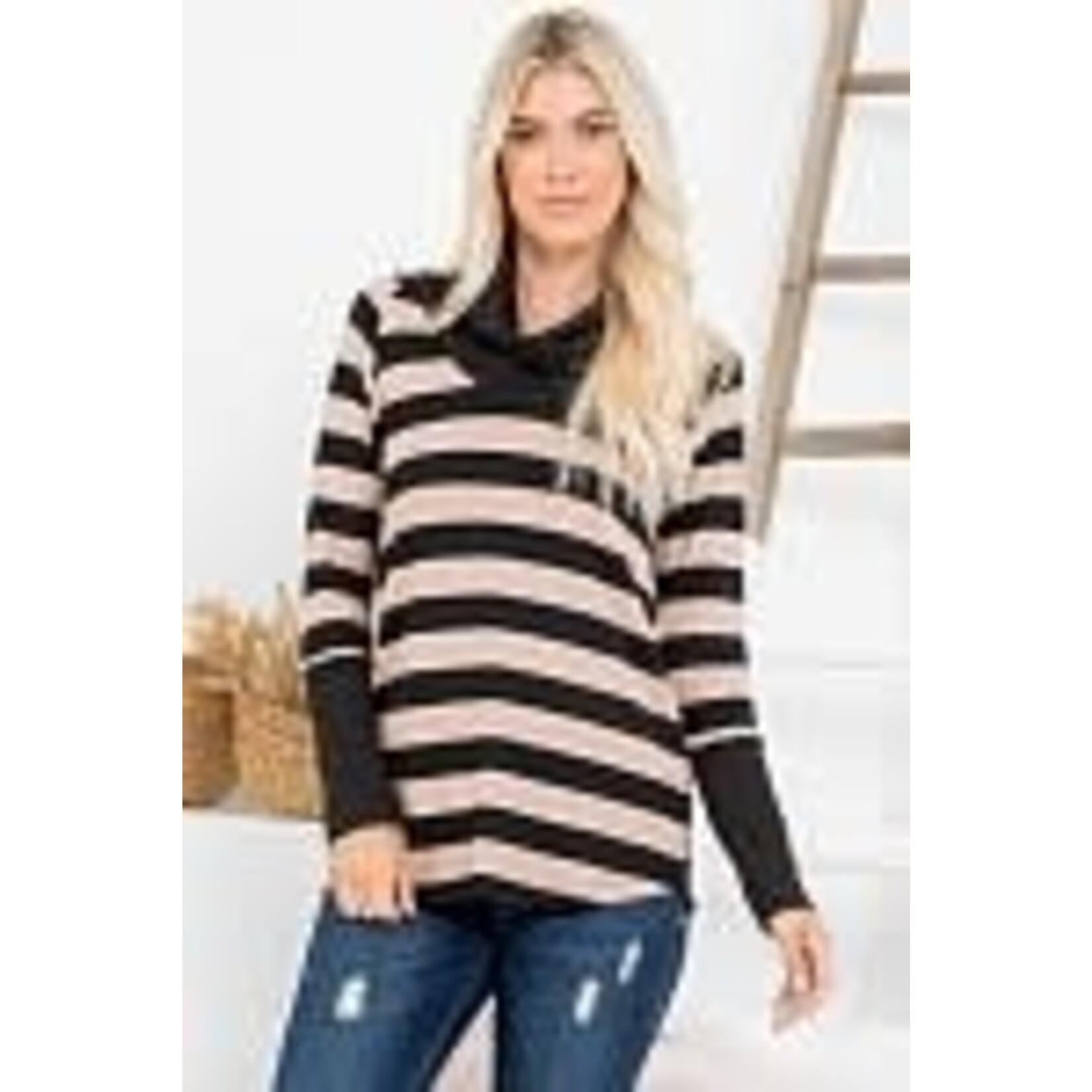 BE STAGE STRIPED COWL NECK SWEATER