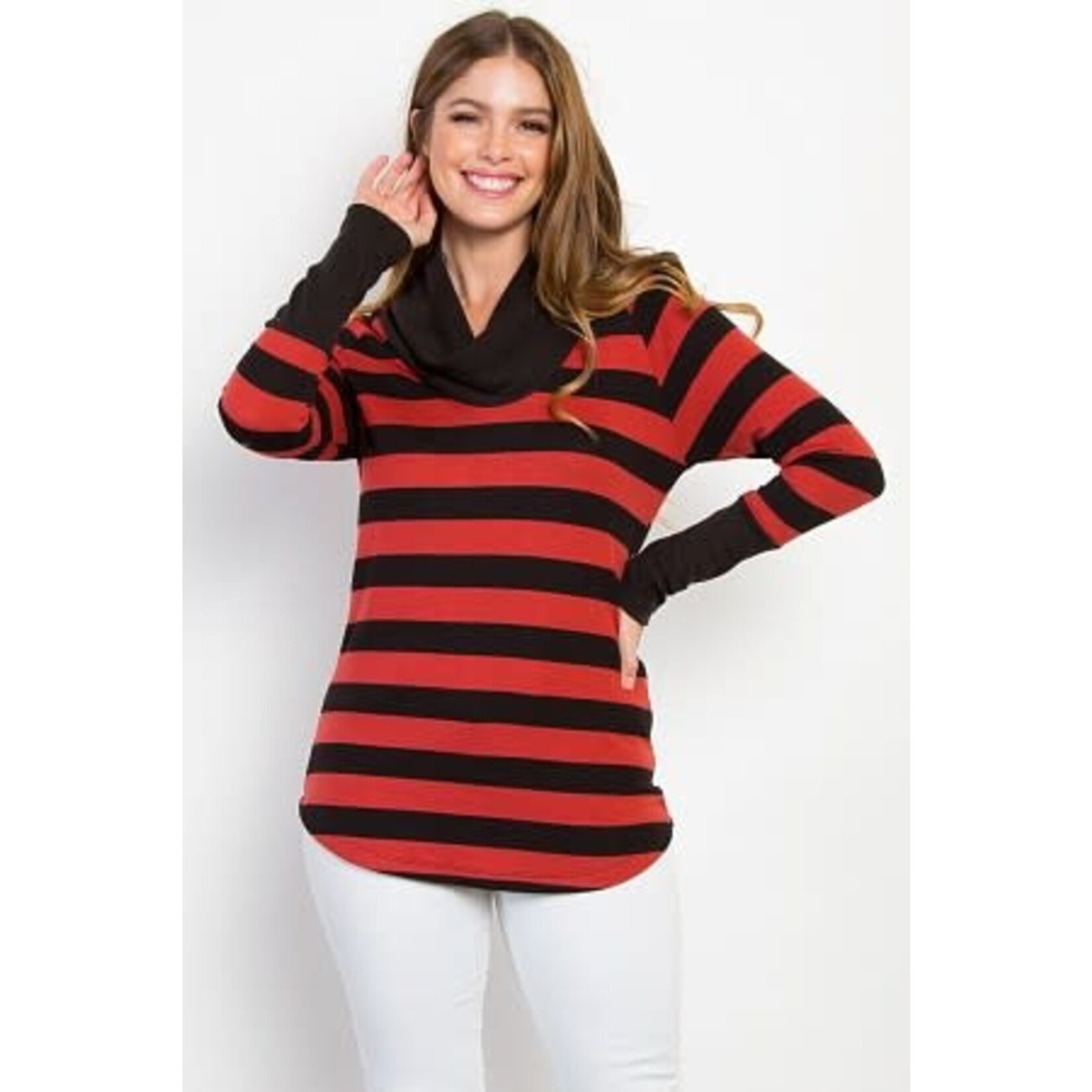 BE STAGE STRIPED COWL NECK SWEATER