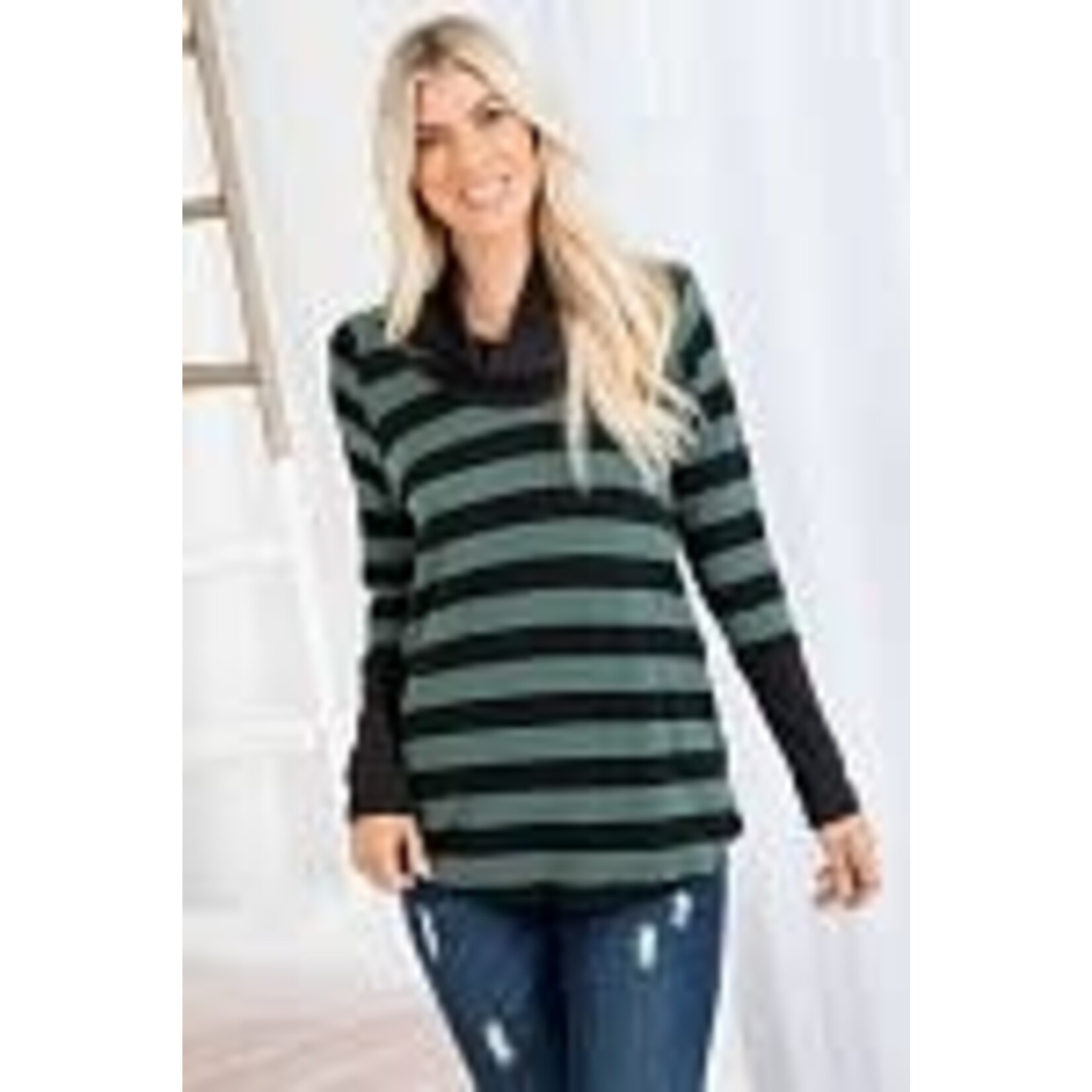 BE STAGE STRIPED COWL NECK SWEATER