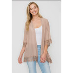 Perseption - Faire Crochet-Trim 3/4 Sleeve Woven Cardigan - Taupe