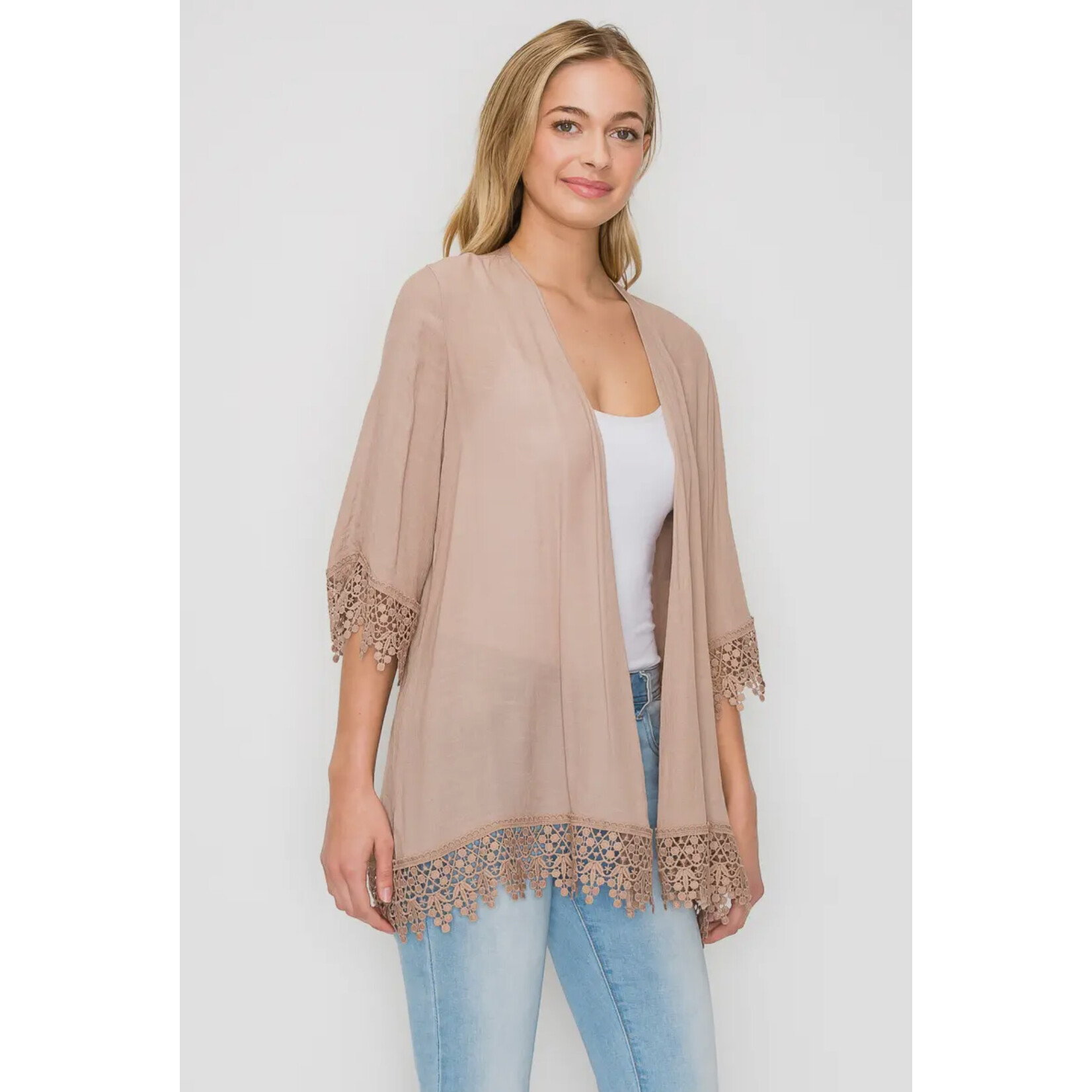 Perseption - Faire Crochet-Trim 3/4 Sleeve Woven Cardigan - Taupe