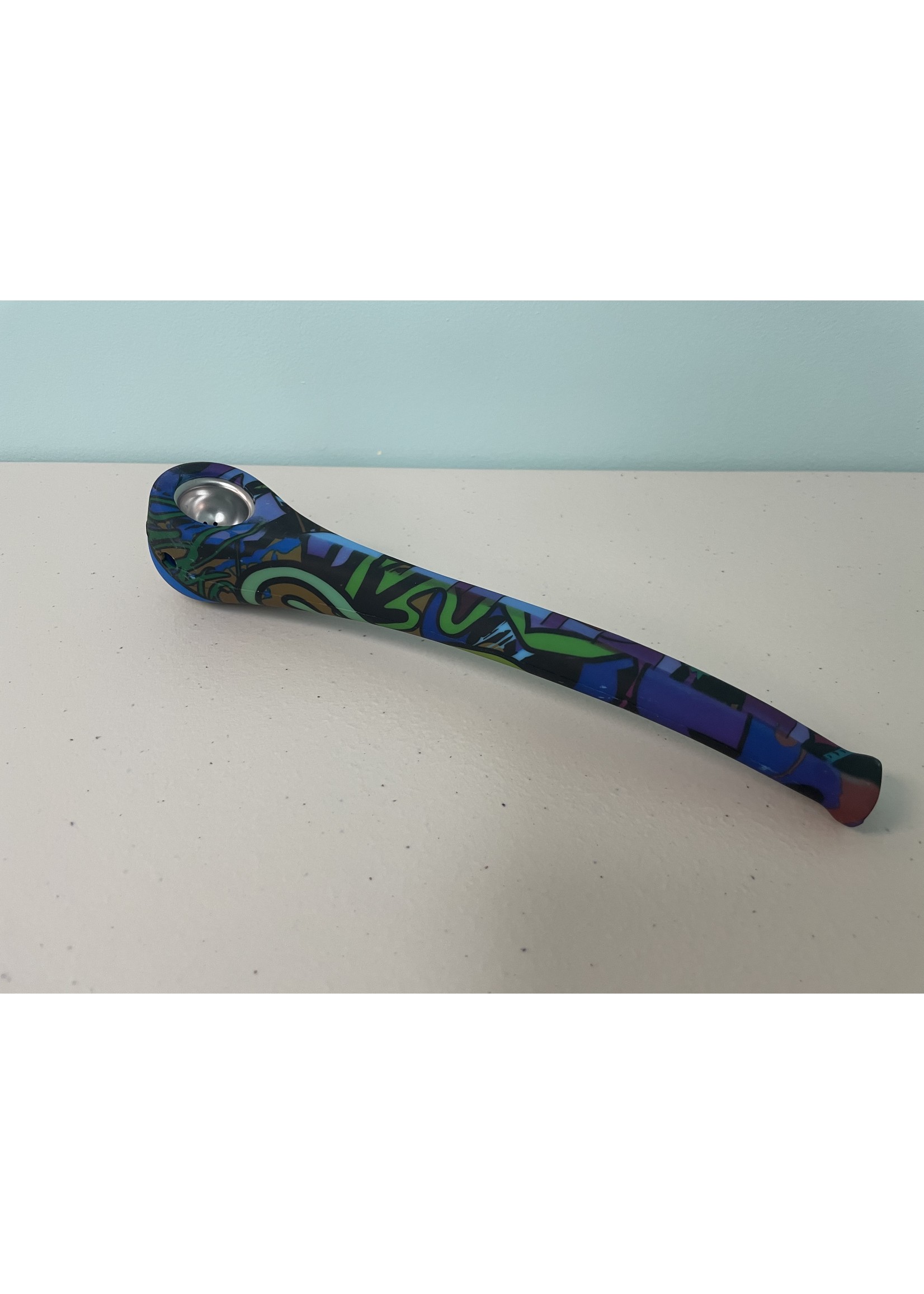 9" Silicone graphic printed hand pipe with metal bowl