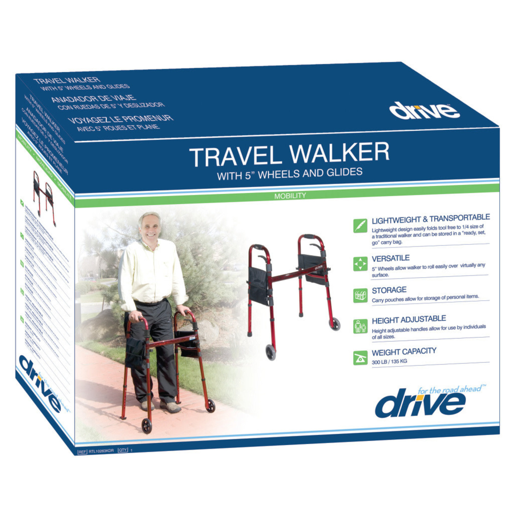 Drive Deluxe Folding Rolling Travel Walker with 5" Wheels