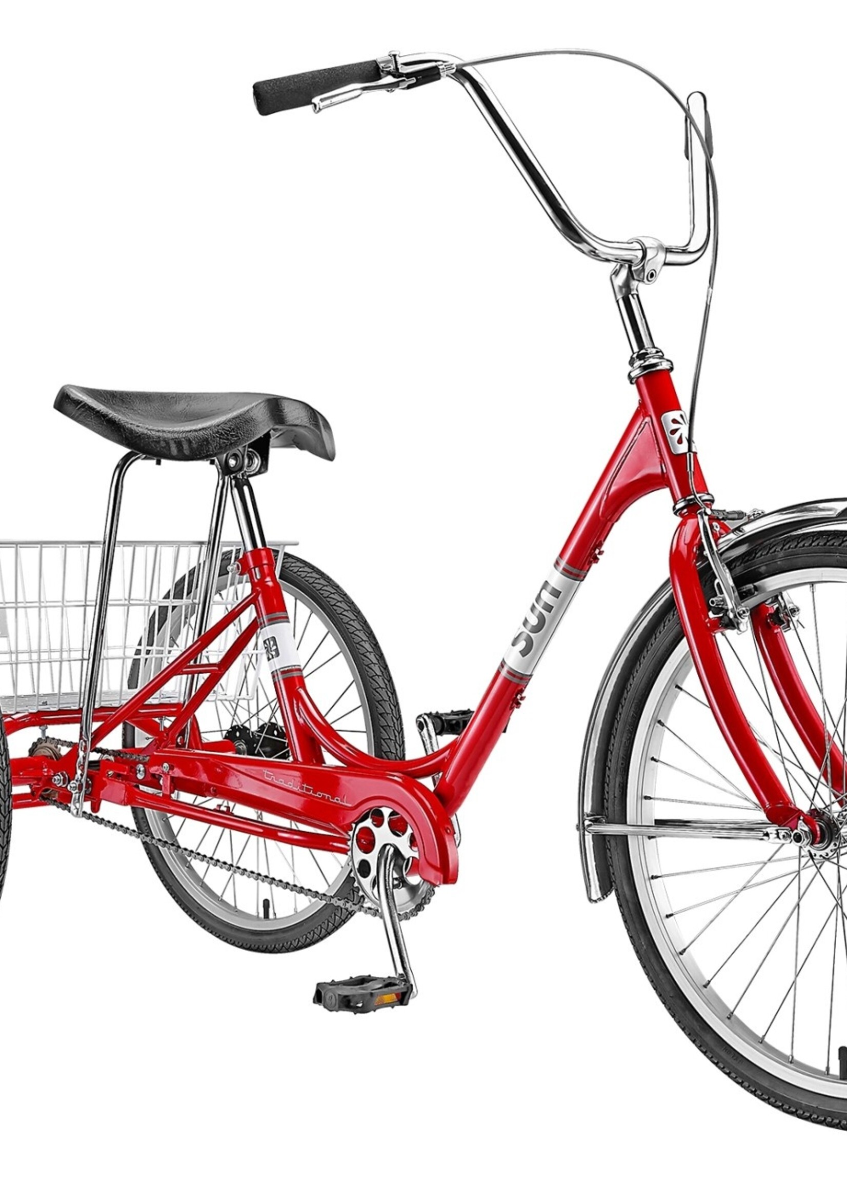 SUN BICYCLES SUN Traditional 1-Speed Trike, Red with White Basket