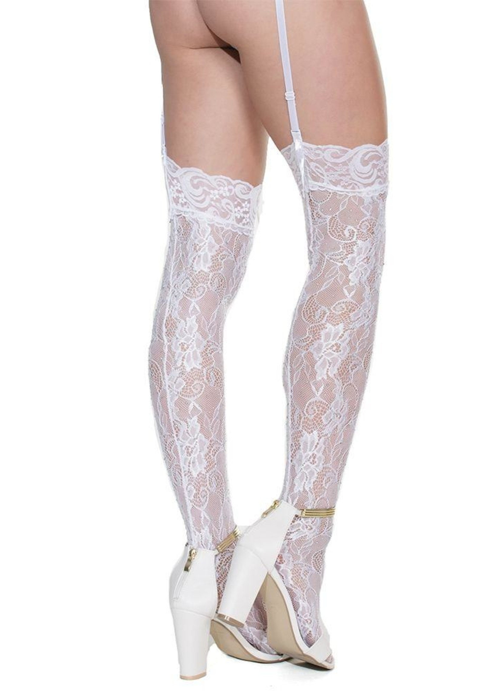 Rhinestone Thigh High White Lace Stockings