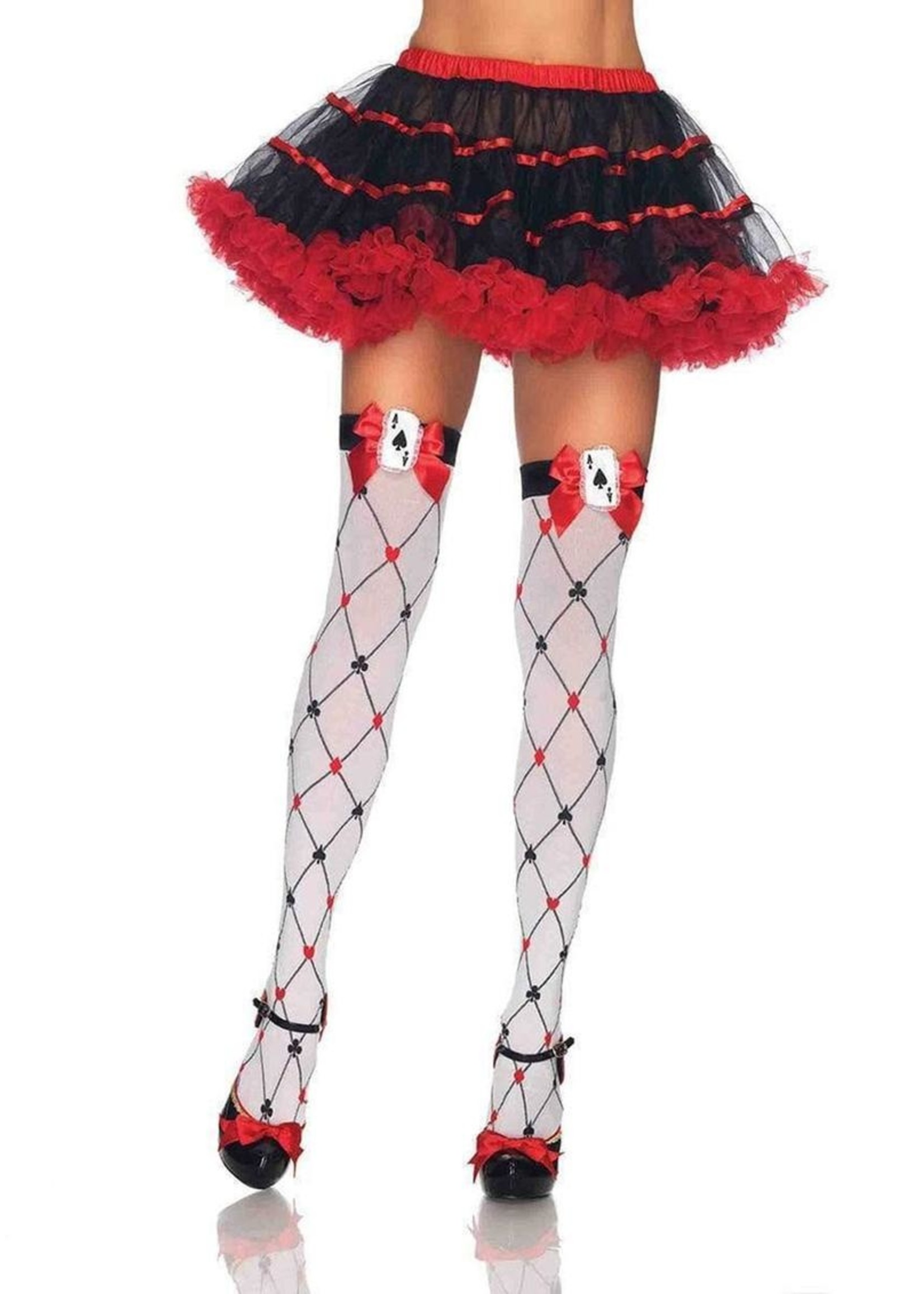 Woven Diamond Card Suit Thigh Highs with Bow and Card Charm - O/S in White/Red/Black
