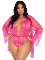 Leg Avenue Floral Lace Teddy with Adjustable Straps and Cheeky Thong Back, Matching Lace Robe with Scalloped Trim and Satin Tie (3 piece) - 1X-2X in Hot Pink