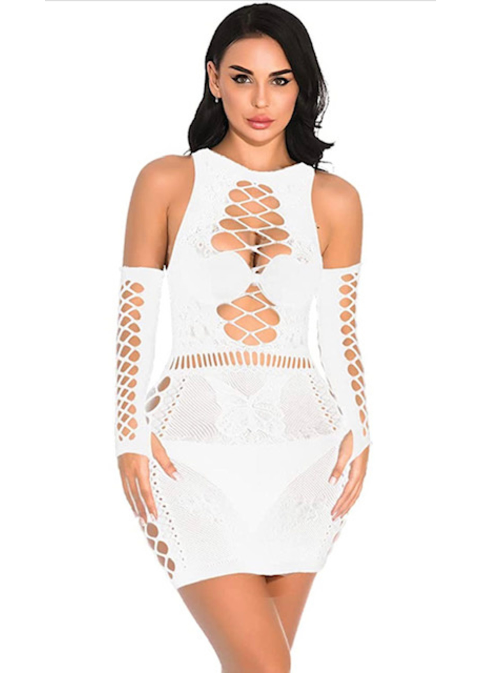 White Fishnet Mini Dress with Arm Sleeves OS