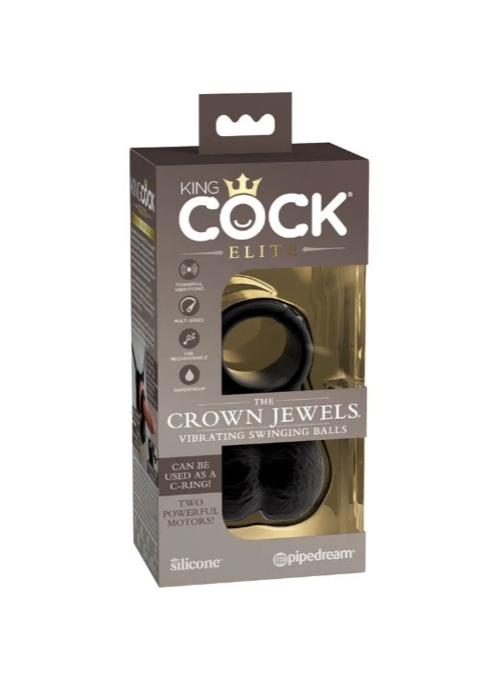 King Cock Elite Crown Jewels Vibrating Rechargeable Silicone Balls and Cockring - Black