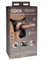 King Cock Elite Ultimate Vibrating Rechargeable Silicone Body Dock Kit with Vibrating Crown Jewels and Remote Control Dildo 7in - Vanilla/Black