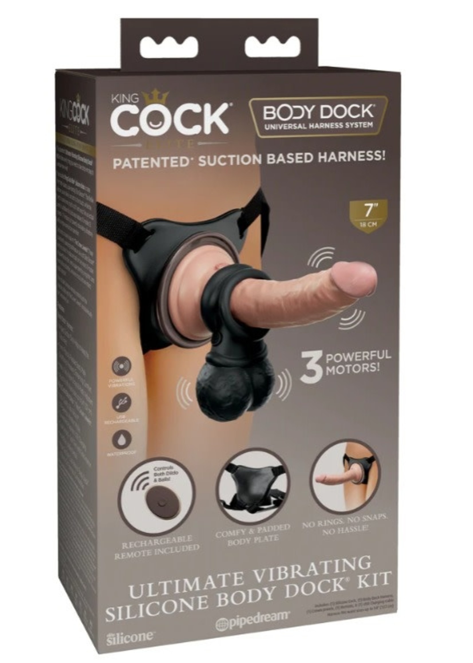 King Cock Elite Ultimate Vibrating Rechargeable Silicone Body Dock Kit with Vibrating Crown Jewels and Remote Control Dildo 7in - Vanilla/Black
