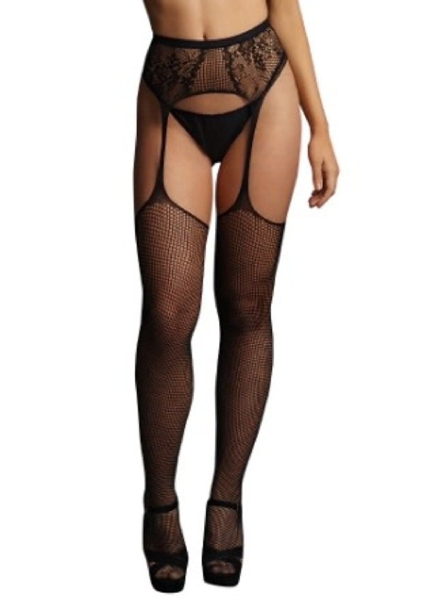 Le Désir Black Fishnet And Lace Garterbelt Stockings