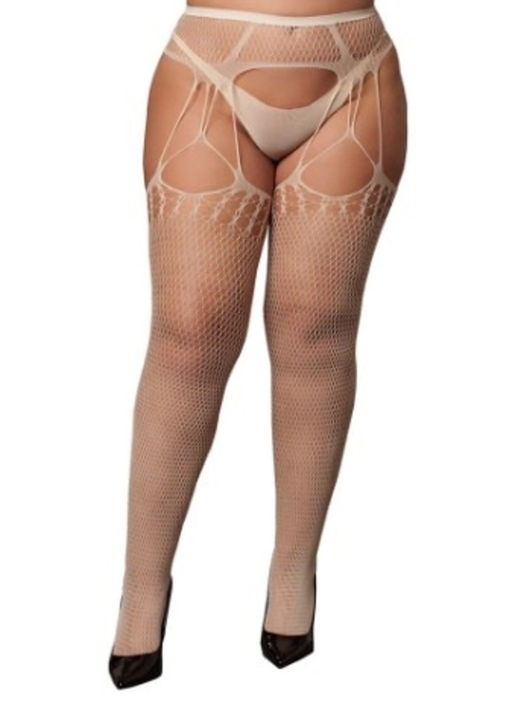 Le Désir Beige Shredded Suspender Pantyhose XL