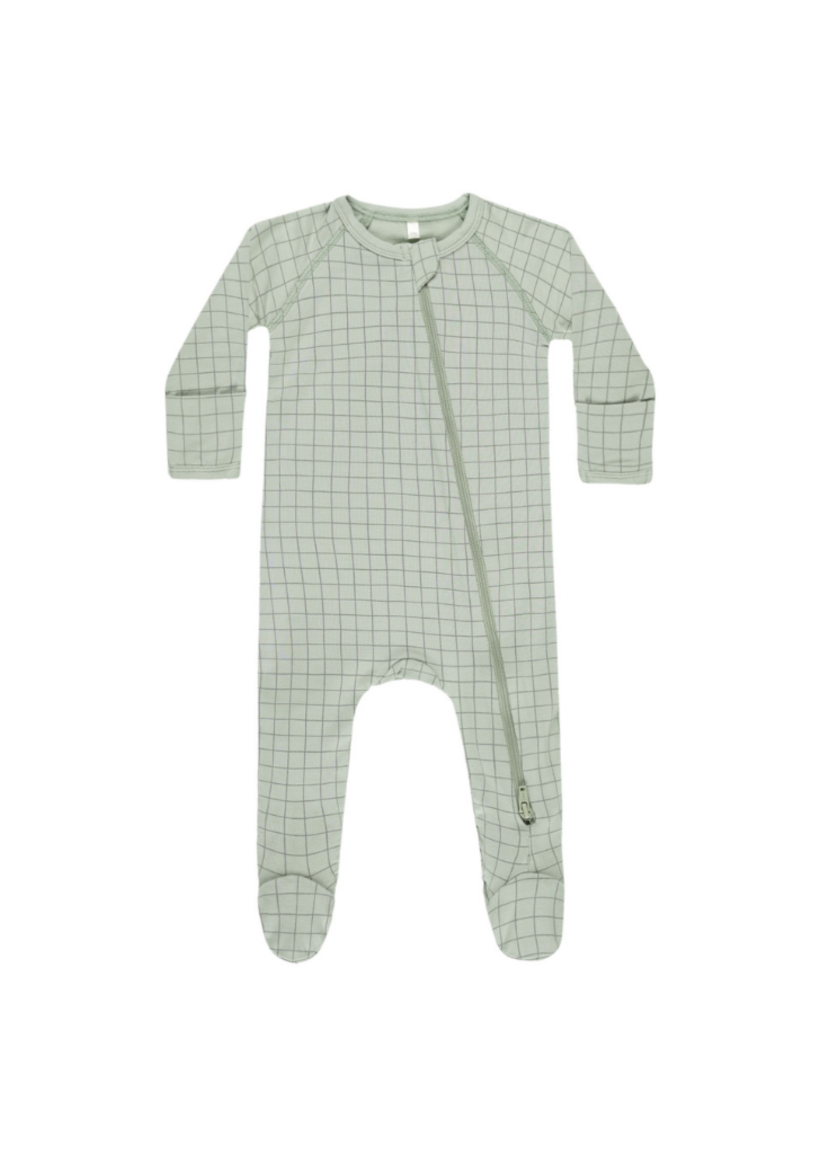 Quincy Mae Bamboo Zip Footie - Sage Grid
