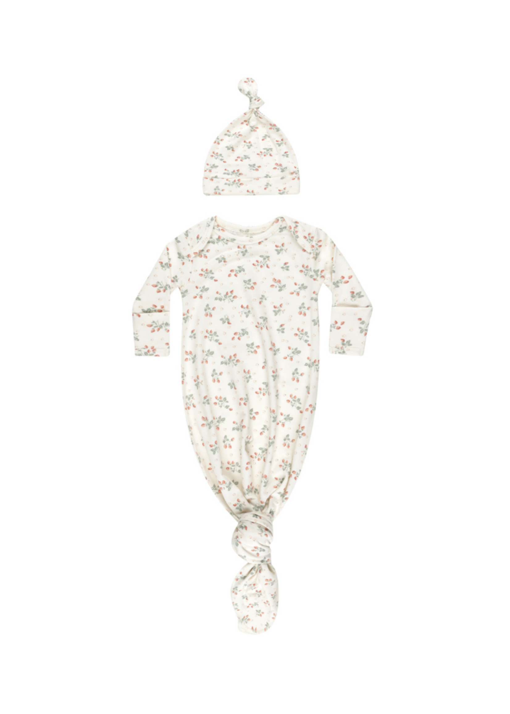 Quincy Mae Knotted Baby Gown + Hat Set - Strawberries