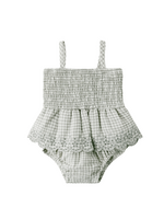 Quincy Mae Smocked Skirted Romper - Sage Gingham
