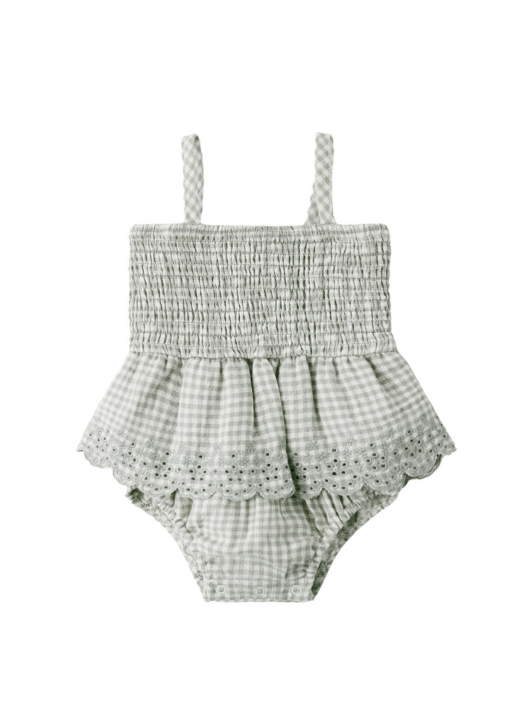 Quincy Mae Smocked Skirted Romper - Sage Gingham