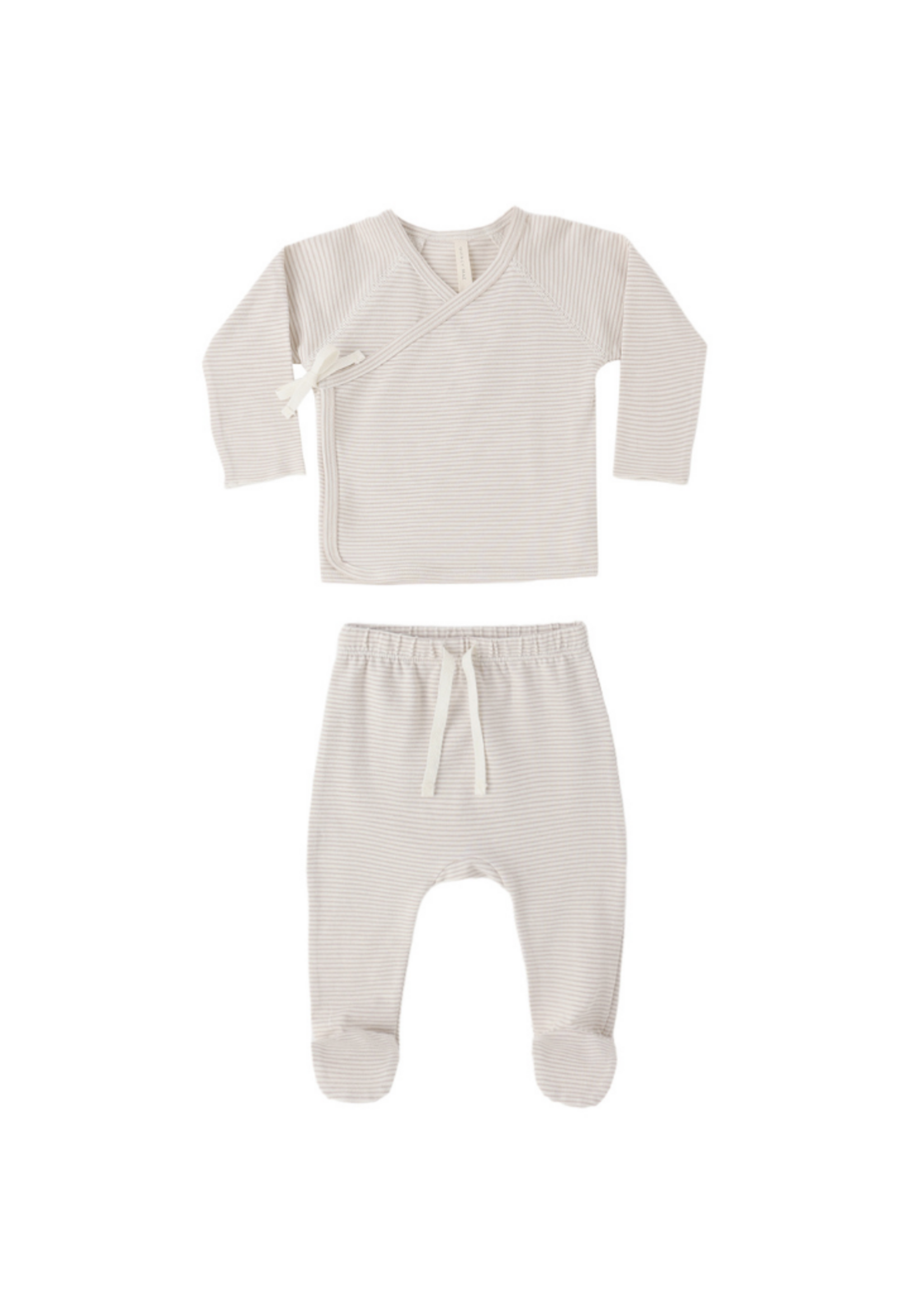 Quincy Mae Wrap Top + Footed Pant Set - Oat Micro Stripe