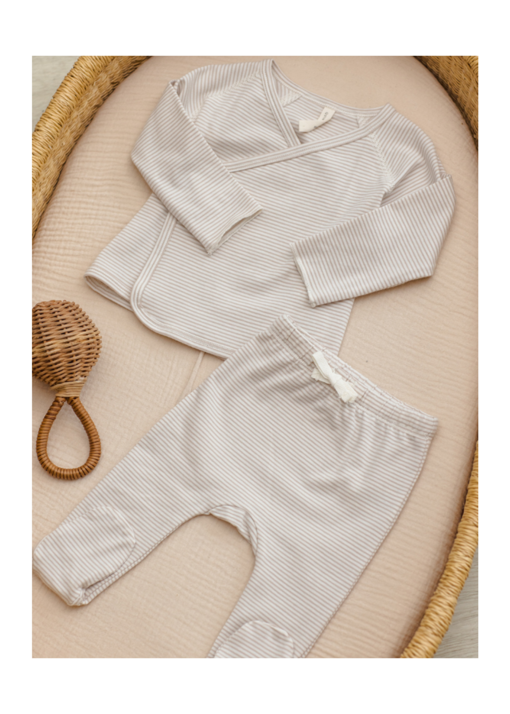 Quincy Mae Wrap Top + Footed Pant Set - Oat Micro Stripe