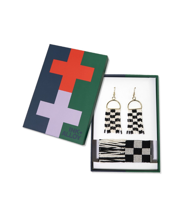 Allison+ Olive Earrings and Bracelet Set-Black/White