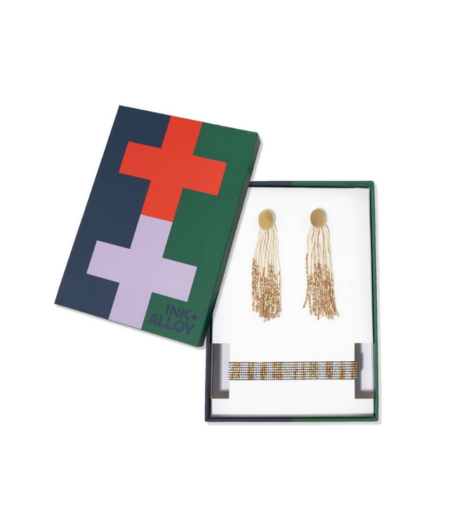 Mae Earrings And Alex Bracelet Set-Ivory+Gold