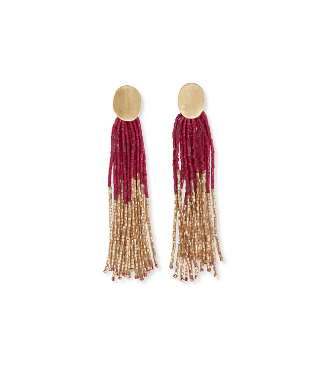 Mae Oval Brass Tassel Earrings -Red