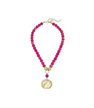 Susan Shaw Gold Coin on Genuine Pink Peacock Agate Necklace