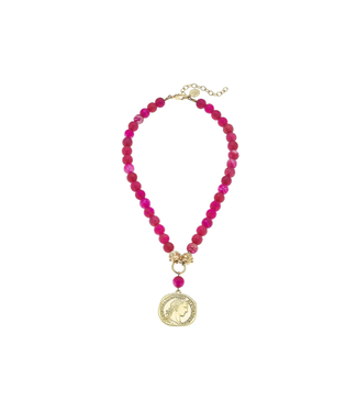 Susan Shaw Gold Coin on Genuine Pink Peacock Agate Necklace