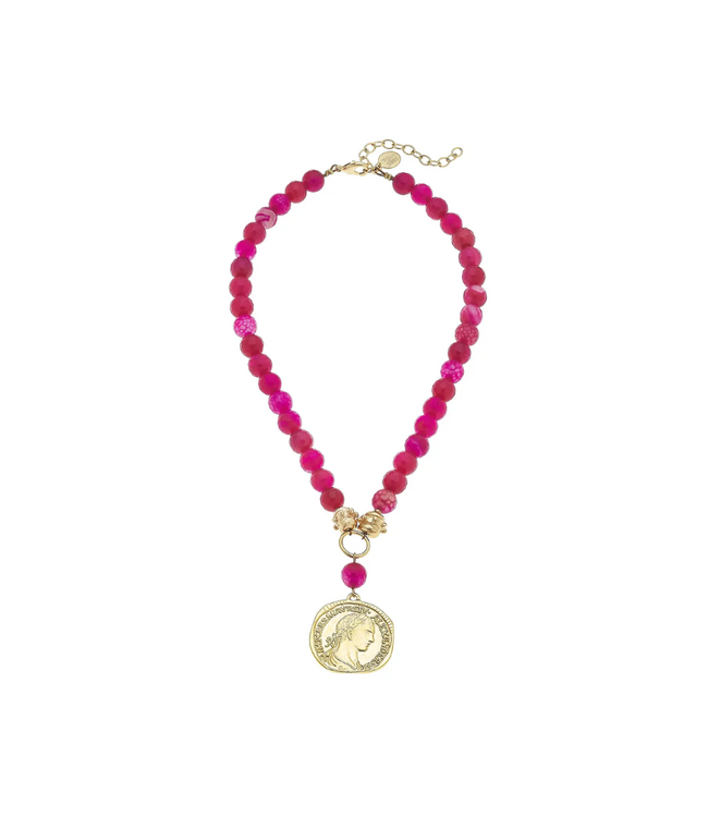 Gold Coin on Genuine Pink Peacock Agate Necklace