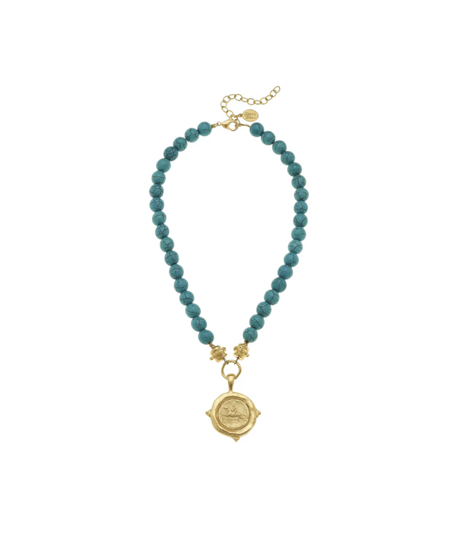 Genuine Turquoise with Italian Intaglio Equestrian Necklace