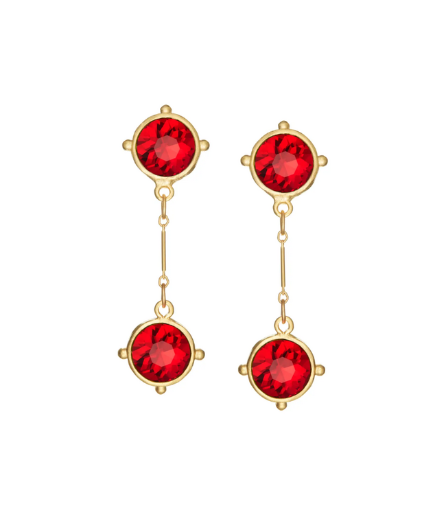 Double Red Round Crystal Drop Earrings