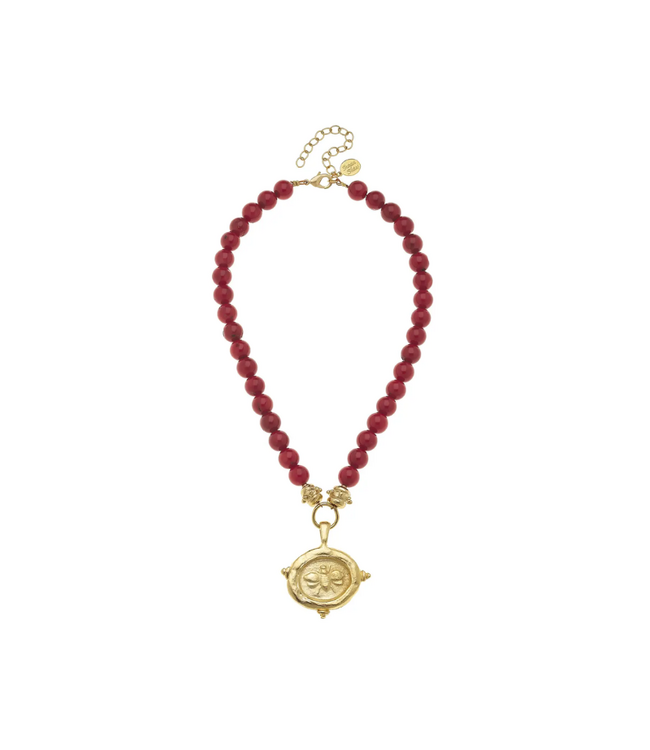 Red Coral with Italian Bee Intaglio Necklace