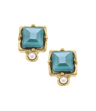 Susan Shaw London Aqua Crystal + Pearl Detail Clip Studs