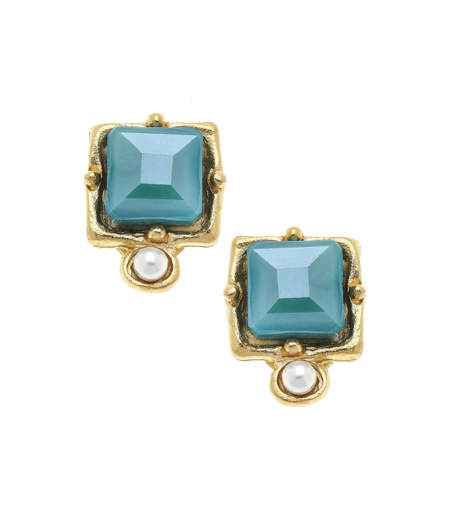 London Aqua Crystal + Pearl Detail Clip Studs