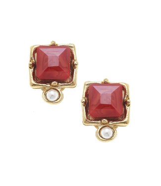 London Red Crystal + Pearl Detail Clip Studs
