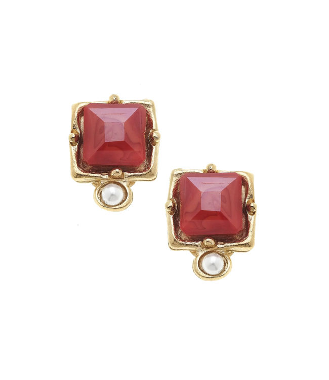 Susan Shaw London Red Crystal + Pearl Detail Clip Studs