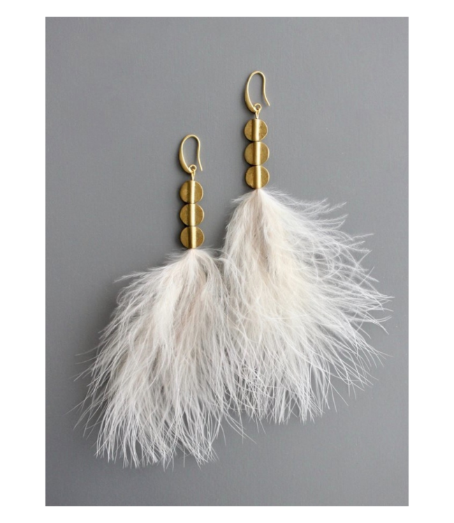 Blush Feather and Brass Disc Earrings