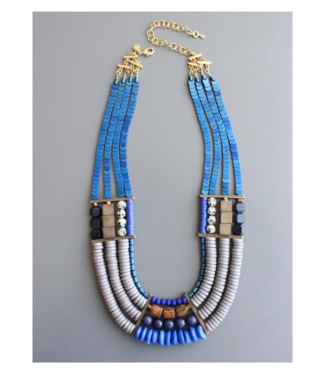 David Aubrey Blue Hematite, Wood, Glass 4 Strand Necklace David Aubrey Blue Hematite, Wood, Glass 4 Strand Necklace