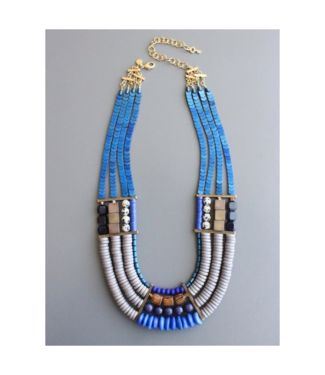 David Aubrey Blue Hematite, Wood, Glass 4 Strand Necklace