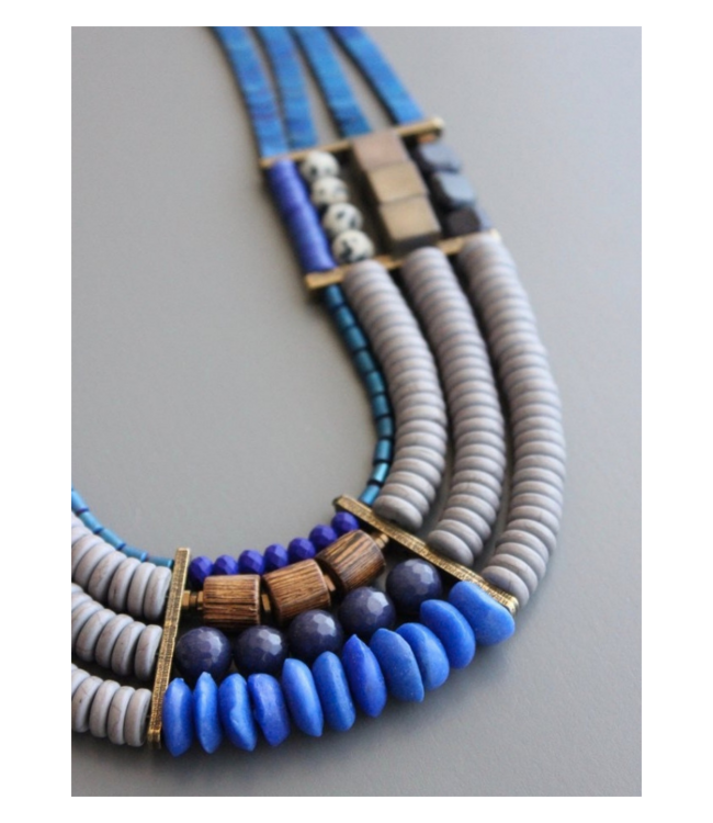 Blue Hematite,Wood, Glass 4 Strand Necklace