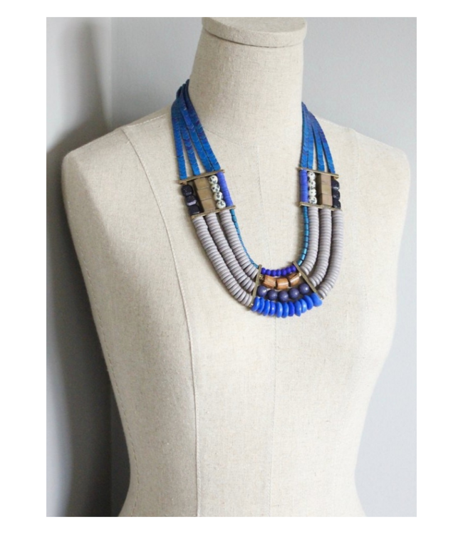 Blue Hematite,Wood, Glass 4 Strand Necklace