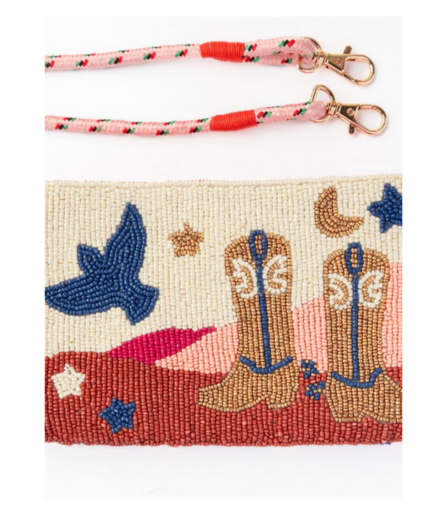 Leila boot seed bead clutch with strap