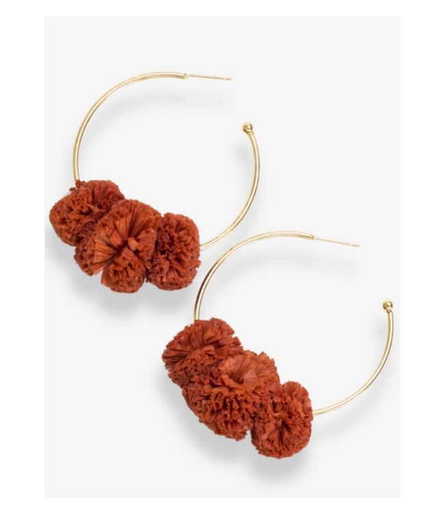 Rita raffia poms hoop earrings Rust