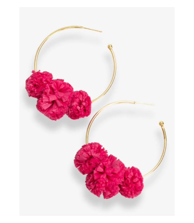 Rita raffia poms hoop earrings Hot Pink
