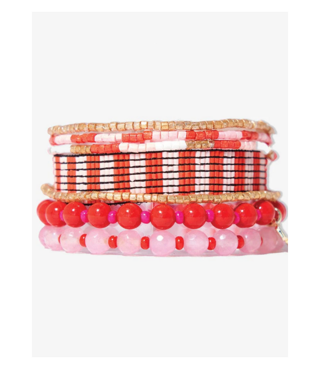 Mixed Bracelet stack of 7 Lady in Red
